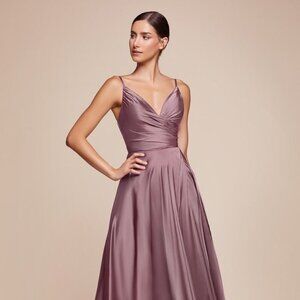 NEW V-NECKLINE A-LINE FASHIONABLE SATIN DRESS WITH ADJUSTABLE STRAPS CD 7485